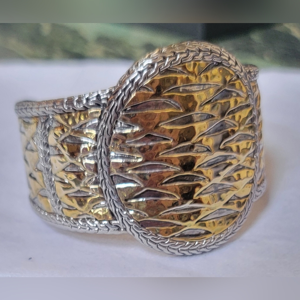 Tall Woven Wheat Patterned Textured Two Tone Cuff GOLD SILVER 1.75" Tall Sz M